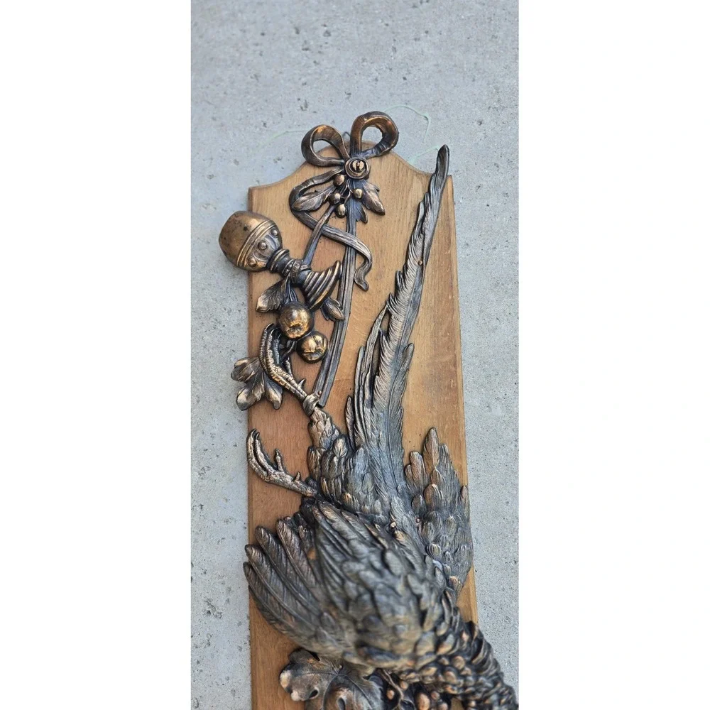 Vtg German cast metal still life hunting pheasant wall decor wood cabin core